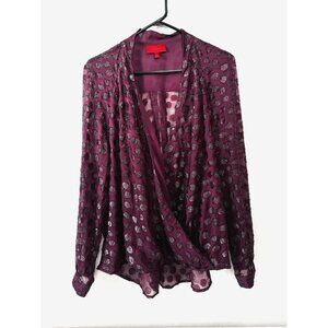 JLO Burgundy Metallic Dot Sheer Faux Wrap Top XL Y2K Vibe Glam Luxe Party Blouse